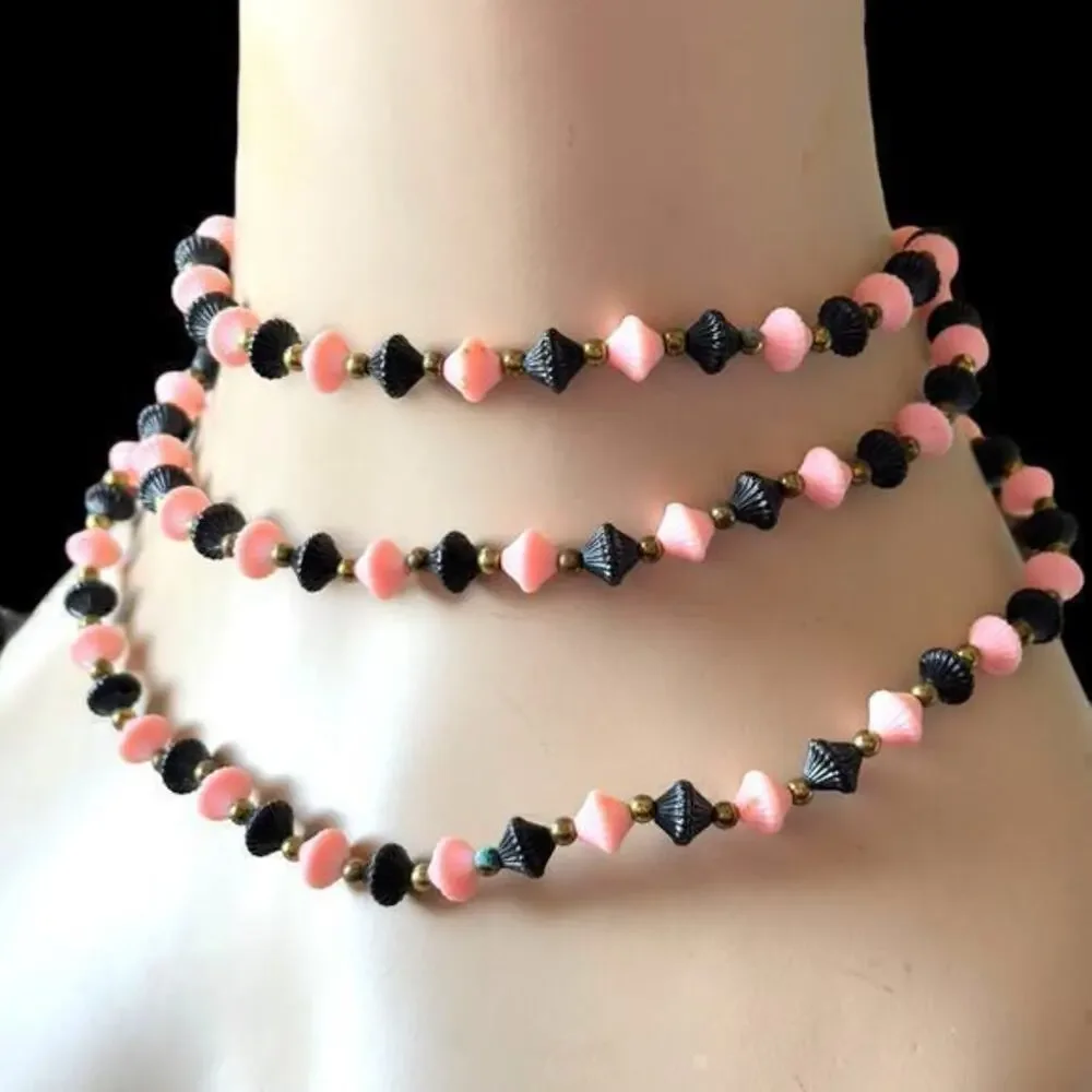 48” Vintage Art Deco Pink and Black Celluloid Trapezoid Necklace 1940’s Flapper